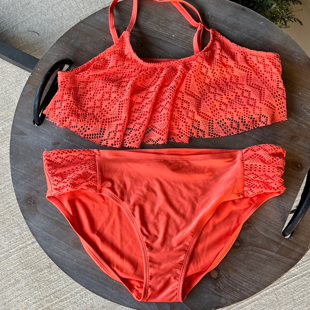Faux Crochet Flounce Bikini Set - Vibrant orange